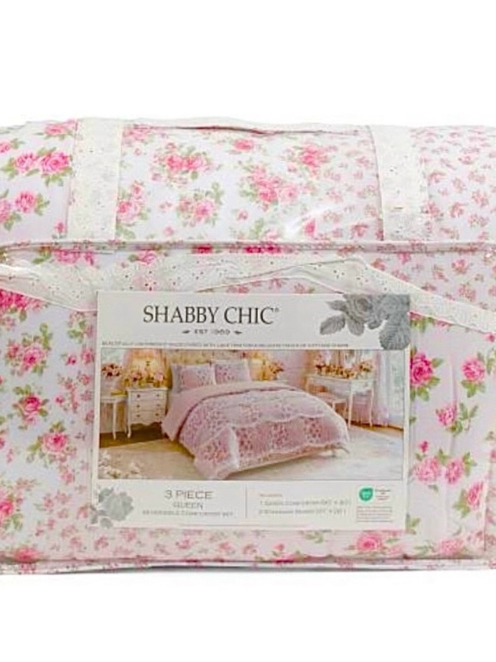 🆕- Shabby Chic 3 Piece Reversible Comforter Set - Pink White Floral, Queen Size